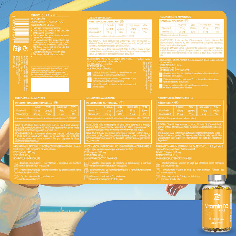 Vitamin D. (5000 IU) 365 Capsules Vitamin D3 + K2 High Dose Supports Immune and Bone Function High Concentration Antioxidants Antifettiga Soft Capsules Premium - NewNest Australia