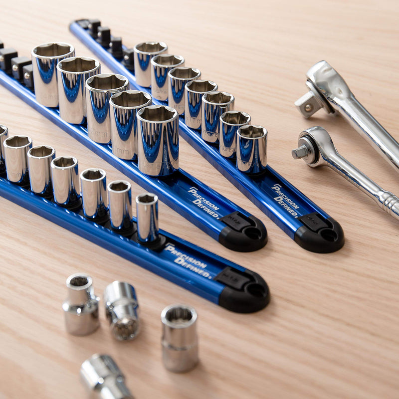 Precision Defined Aluminum Tool Socket Holder 3-Piece Set | Blue, Heavy Duty 1/4-Inch x 16 Clips, 3/8-Inch x 16 Clips, 1/2-Inch x 14 Clips | 360 Rotation 1/2-Inch, 3/8-Inch & 1/4-Inch Drive - NewNest Australia