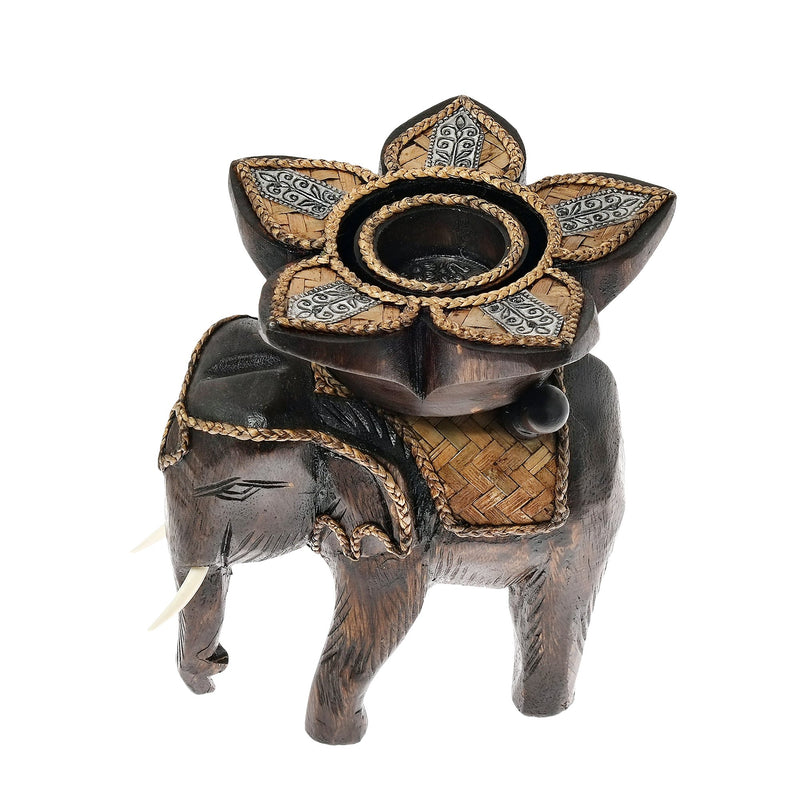 NewNest Australia - AeraVida Royal Elephant with Flower Candle Holder Rain Tree Wood Handmade 