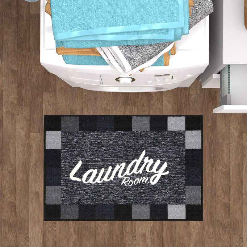 Ottomanson Laundry Collection Checkered Border Rubberback Mat, 2'3" x 3', Black 2'3" x 3' Black Checkered - NewNest Australia
