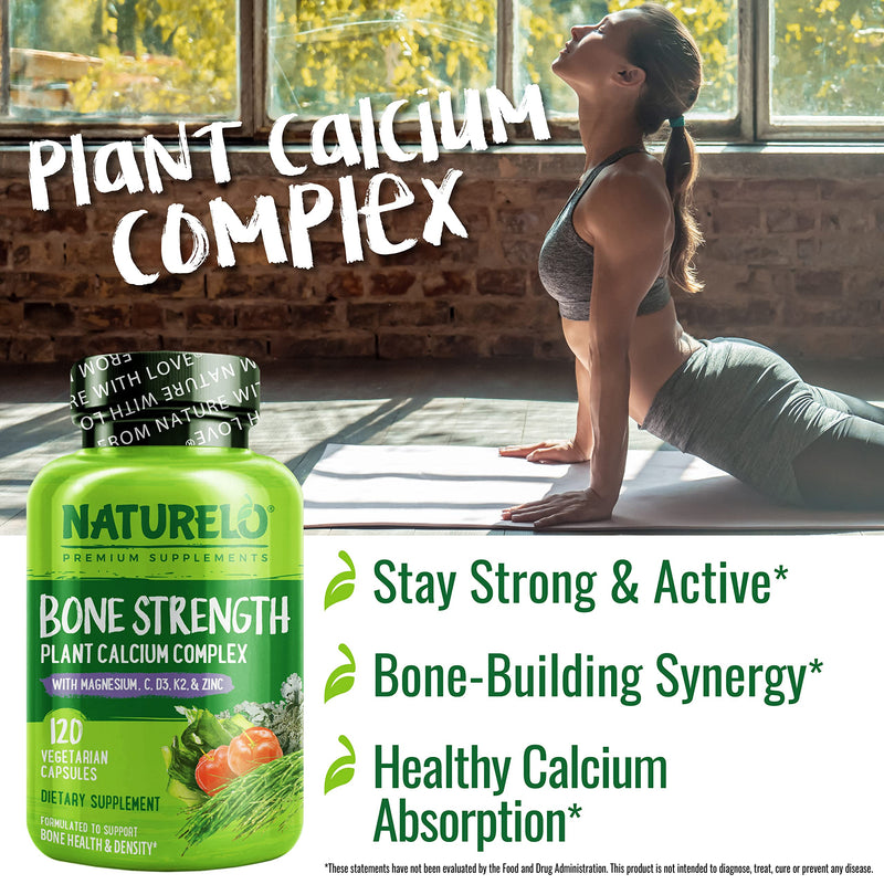 NATURELO Bone Strength - Plant-Based Calcium, Magnesium, Potassium, Vitamin D3, VIT C, K2 - GMO, Soy, Gluten Free Ingredients - Whole Food Supplement for Bone Health - 120 Vegan Friendly Capsules 120 Count (Pack of 1) - NewNest Australia
