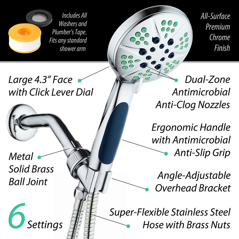 Hotel Spa Notilus Antimicrobial High Pressure Luxury Hand Shower - 6 Settings, Antimicrobial Anti-Clog Nozzles and Grip, Metal Fittings, Stainless Steel Hose / All-Chrome Finish / Top American Brand - NewNest Australia