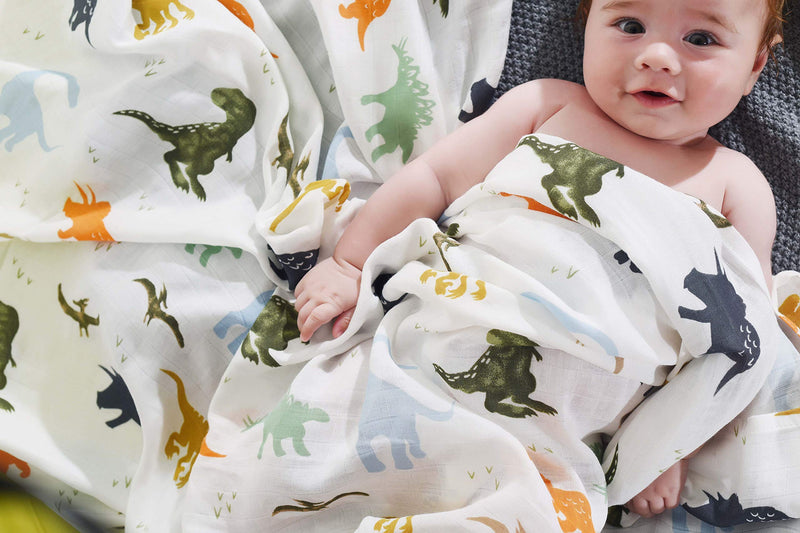 NewNest Australia - Aenne Baby Muslin Baby Swaddle Blanket Dinosaur Dino Print, Luxurious, Soft and Silky, 70% Bamboo 30% Cotton 47x47inch (1pack), Baby boy Nursing Cover, wrap, Burp Cloth Dinosaur Print 