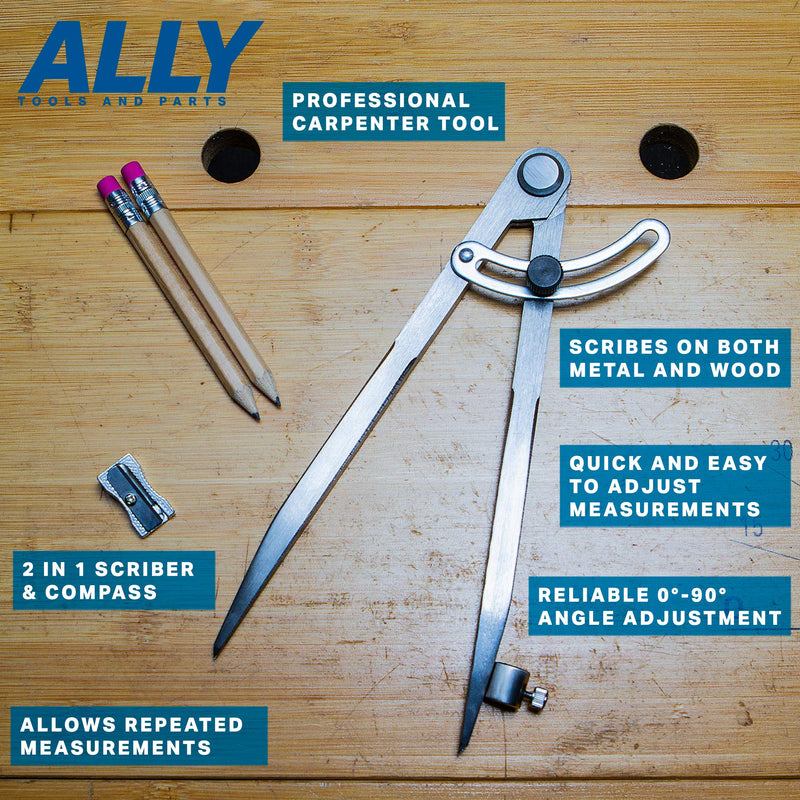 ALLY Tools 8 Inch Precision Wing Divider Scribe Tool/Woodworking Compass with Pencil Holder INCLUDES Two Pencils and Pencil Sharpener Ideal for Drawing Circles, Geometry, Wood, Metal, and Leather - NewNest Australia