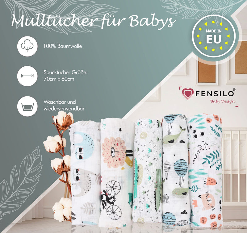 Fensilo Baby Burp Cloths - Muslin Cloths - Cloth Diapers - Pack Of 5 70 X 80 Cm Made In Eu, Tested For Harmful Substances - Burp Cloths Baby Boy Girl Cloth With Cat - Crocodile - White - F5/4 80 X 70 Cm (Pack Of 5) - NewNest Australia