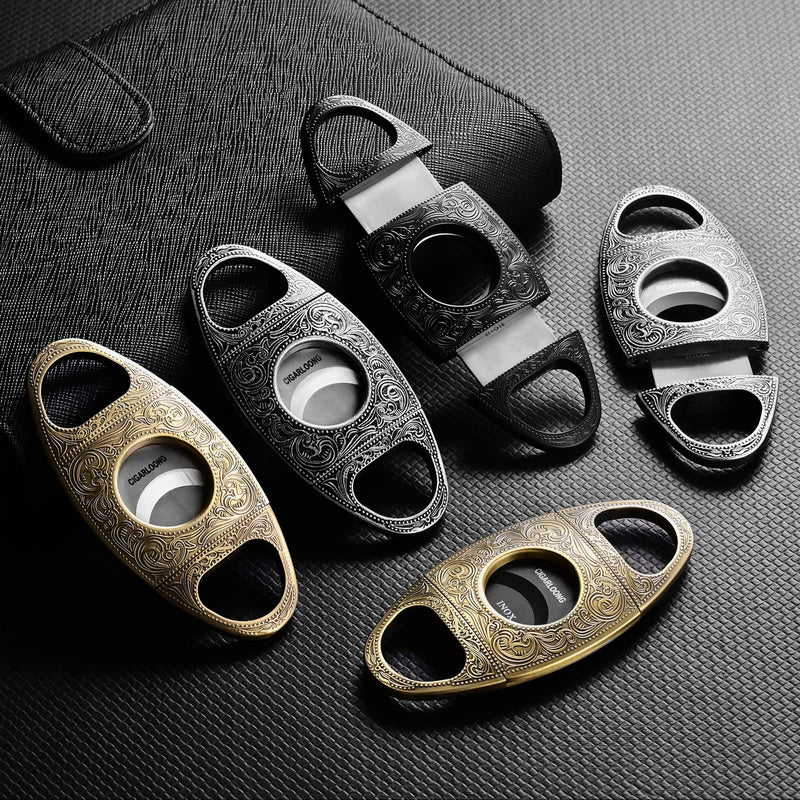 CIGARLOONG Cigar Cutter Stainless Steel Bronze Engraved Double Cut Blade Cigar Guillotine (Black) Black - NewNest Australia