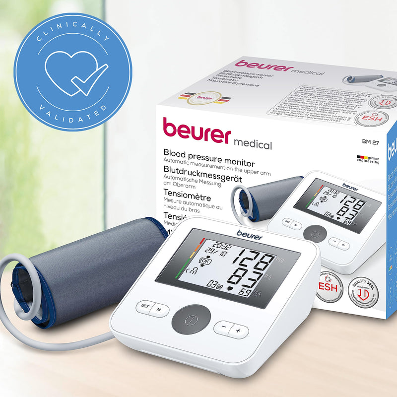 Beurer BM27 Automatic Blood Pressure Monitor, Clinically Validated, Blood Pressure Machine with Arrhythmia Detection & Colour-Coded Risk Indicator according to WHO standards, XL Upper-Arm Cuff basic - NewNest Australia