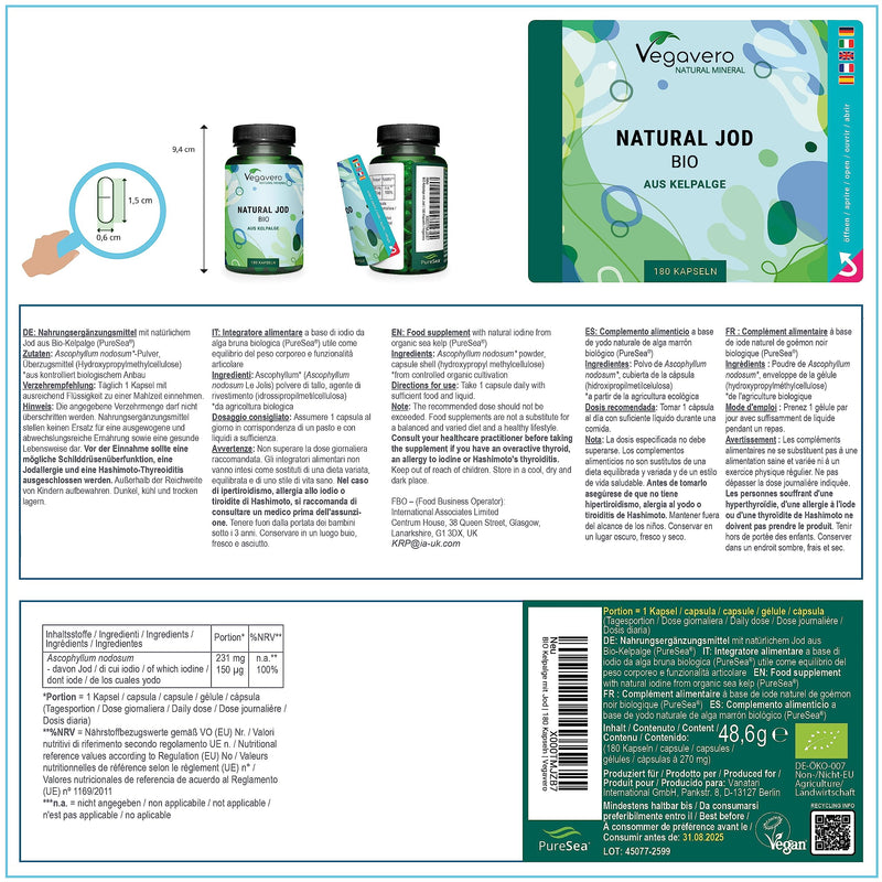 Iodine From Organic Kelp Vegavero | 100% Organic & Natural | Puresea From Scottish Brown Algae | 150 Œºg | Vegan & Without Additives | Laboratory Tested | 180 Capsules - NewNest Australia