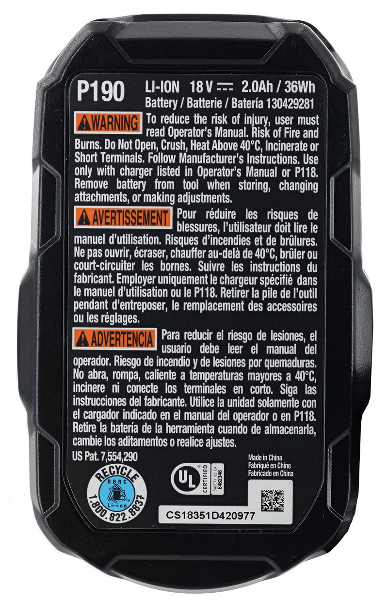 Ryobi P190 2.0 Amp Hour Compact 18V Lithium Ion Battery w/ Cold Weather Performance and (Charger Not Included / Battery Only) - NewNest Australia