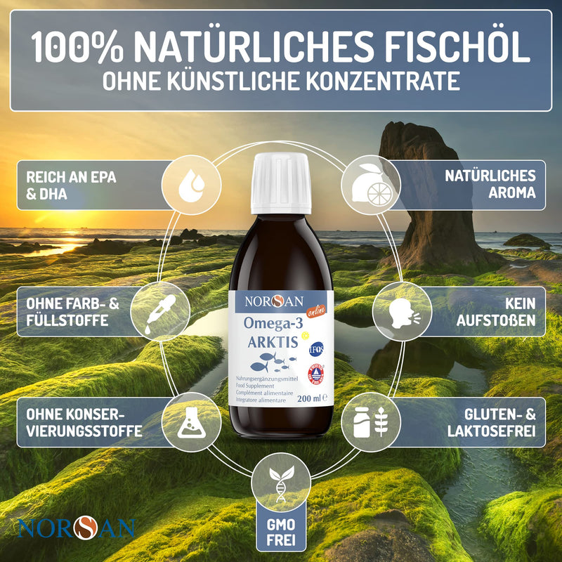 NORSAN Premium Omega 3 Arctic cod oil high dosage 200 ml / 2,000 mg Omega 3 per serving with lemon flavor/with EPA & DHA/Premium oil with 800 IU vitamin D3 200 ml (pack of 1) - NewNest Australia