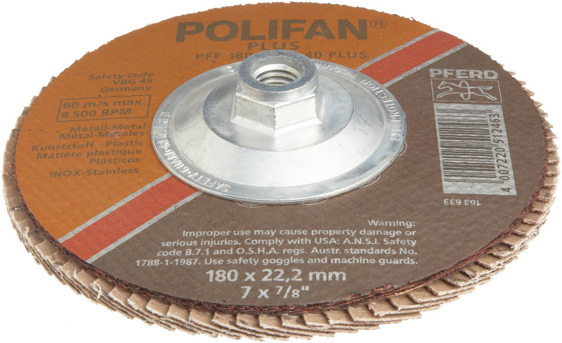 PFERD Polifan PSF Abrasive Flap Disc, Type 27, Threaded Hole, Phenolic Resin Backing, Aluminum Oxide, 4-1/2" Dia., 40 Grit (Pack of 1) 4-1/2 Inches 5/8-11 Inches 13300 RPM 62028 - NewNest Australia