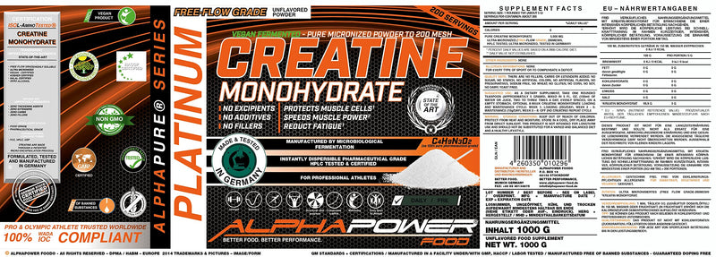Alphapower Food Creatine Monohydrate, Vegan, Bioactive Creatine Powder, 1 Kg, Neutral, Laboratory Tested, Ultra Micronized From Germany, Kosher & Halal Certified - NewNest Australia