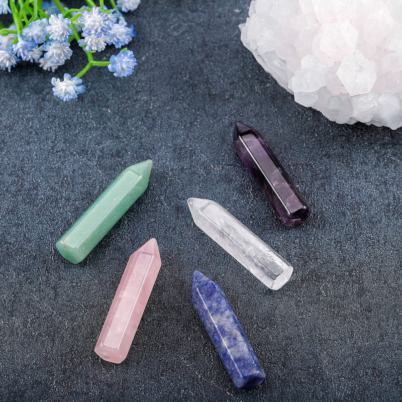 CrystalTears 5pcs 45-46mm Healing Crystals Single Point Wand Polished Tumbled Stones Decor- Amethyst/Clear Quartz/Rose Quartz/Sodalite/Green Aventurine 5pcs Wands-45mm - NewNest Australia