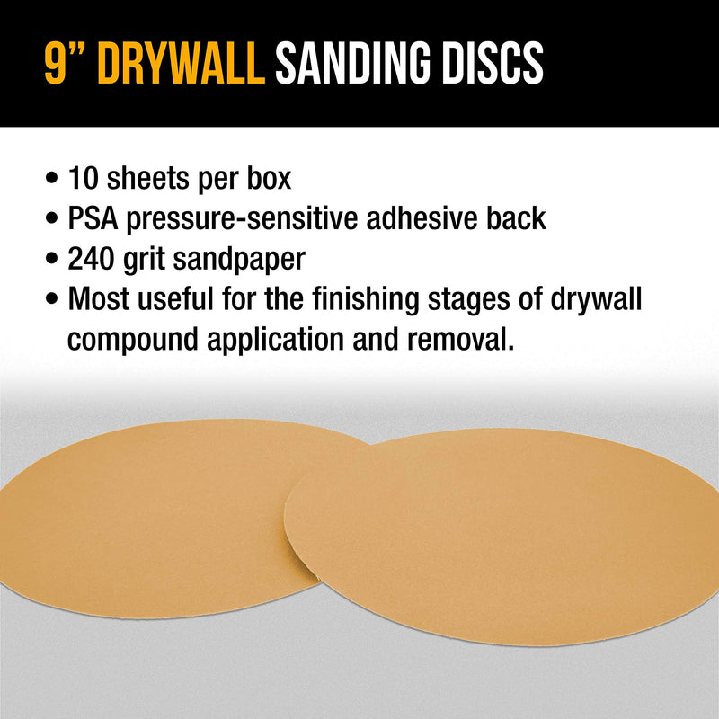 Dura-Gold Premium 9" Drywall Sanding Discs - 240 Grit (Box of 10) - Sandpaper Discs with PSA Self Adhesive Stickyback, High-Performance Fast Cutting Aluminum Oxide Abrasive - For Drywall Power Sander 240-Grit - NewNest Australia