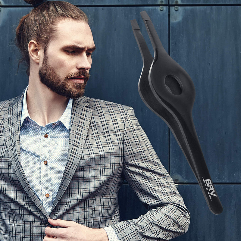 BRV MEN Wide Grip Slant Tweezers - Titanium Plated German Stainless Steel - Perfectly Aligned Slanted Tips for Precision - Professional Tweezers for Eyebrows and Nose/Ear/Facial Hair - 9.6 cm (Black) Black - NewNest Australia