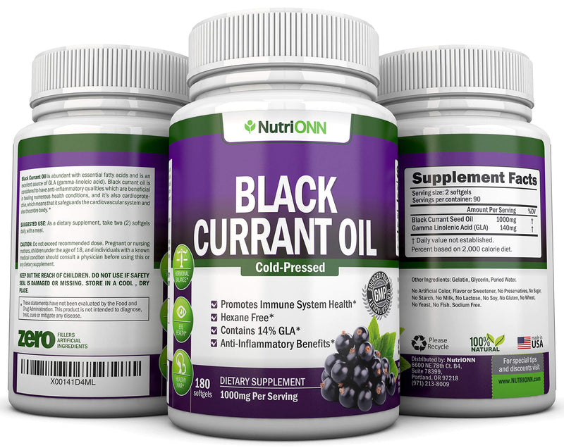 Black Currant Oil - 1000 Mg - 180 Softgels - Cold-Pressed Pure Black Currant Seed Oil - Hexane Free - 140mg GLA Per Serving - Regulates Hormonal Balance - Great For Immune System, Hair, Skin and Heart - NewNest Australia