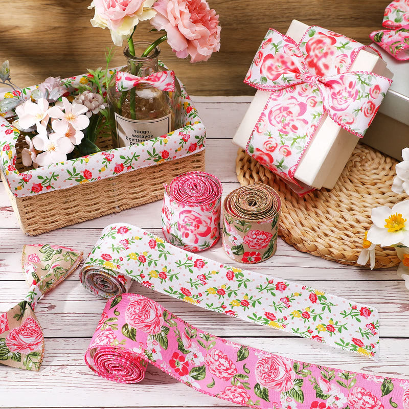 Floral Ribbon 4 Rolls Wired Edge Ribbon Spring Summer Craft Wired Ribbon Flower Pattern Ribbons Decorative Fabric Ribbons for Making Bows and Wreaths Gift Wrapping, 20 Yard x 2.5 Inch (Delicate Style) Delicate Style - NewNest Australia
