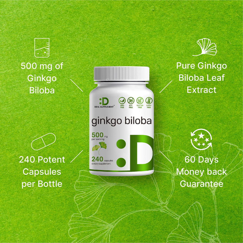 Ginkgo Biloba 500mg Per Serving, 240 Capsules, 4 Months Supply, Grown in Northern Asia | Extra Strength, Promotes Brain Function, Supports Memory & Concentration - NewNest Australia