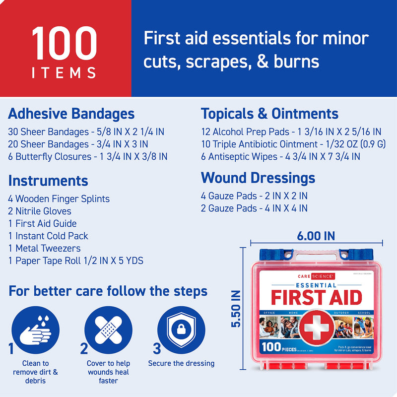 Care Science First Aid Kit, 100 Pieces | Professional Use for Travel, Work, School, Home, Car, Survival, Camping, Hiking, and More - NewNest Australia
