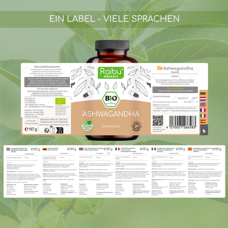 Raibu Ashwagandha capsules organic (270 capsules with 2400 mg per daily dose) high dose I Ashwaganda root powder in the best organic quality without additives from German production 270 - NewNest Australia