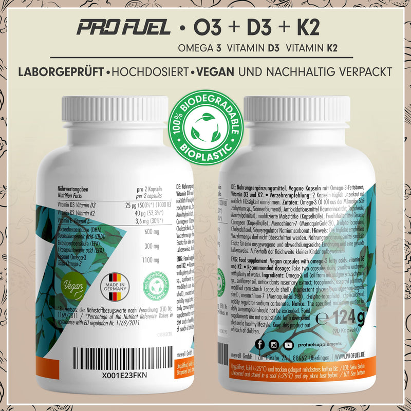 Omega-3 vegan + D3 & K2 (90x), 1100mg algae oil with 600mg DHA & 300mg EPA + 1000 IU vitamin D3 + 40 µg vitamin K2 - O3 D3 K2 vegan Essentials - Omega-3 capsules high dosage, bioavailable & laboratory tested 90 pieces (1 pack Pack) - NewNest Australia