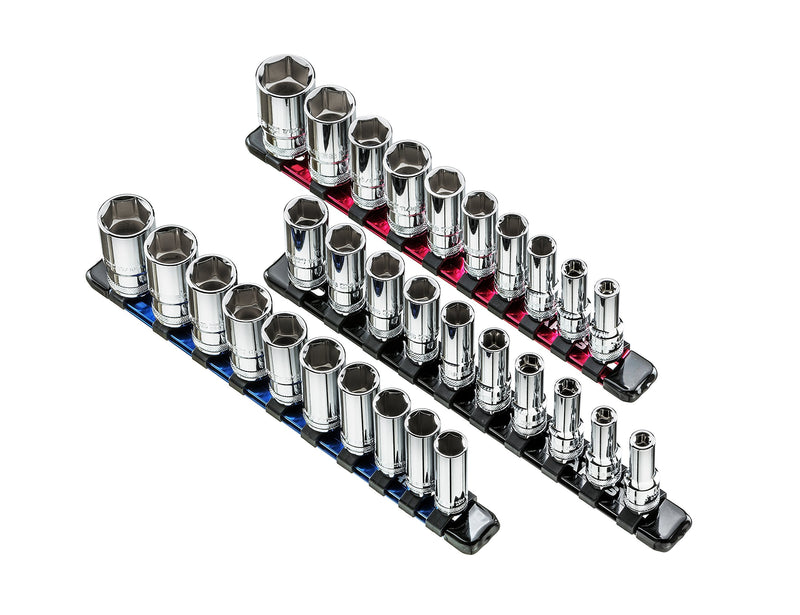 ARES 70355 - 3-Piece 3/8-Inch Drive 9.84-Inch Socket Organizer Set - Store up to 10 Sockets on Each Rail and Keep Your Tool Box Organized 3pc Set 3/8" Drive 9.84" Aluminum Socket Rails Red, Blue, Black - NewNest Australia