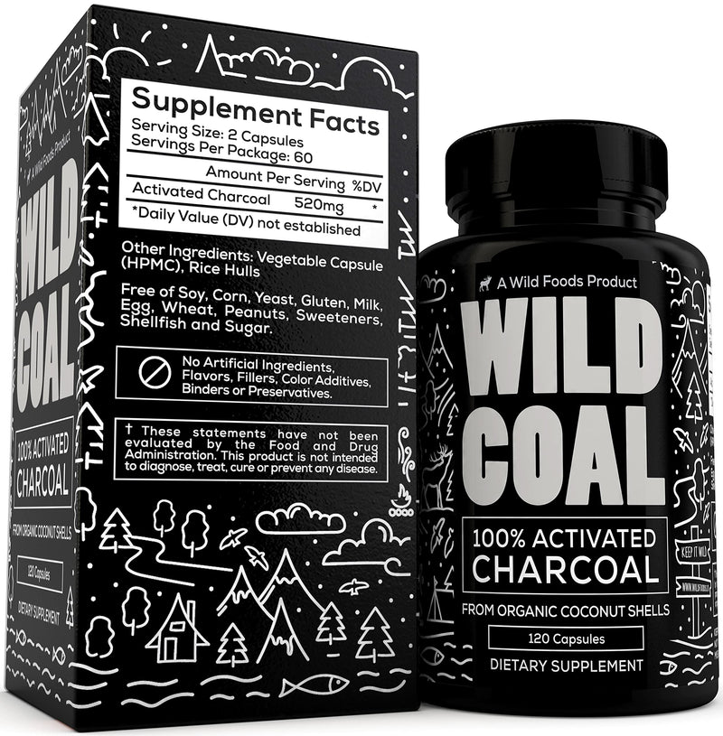Wild Activated Charcoal Capsules from 100% Organic Coconut Shells - Digestion & Gas Relief, Ease Hangovers and Eating Out - Lab Tested, USA Made, Non-GMO, Premium Purity (120 Capsules) 1 - NewNest Australia