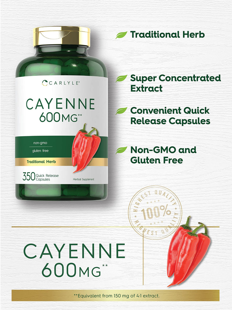 Cayenne Pepper Capsules 600mg | 350 Pills | Non-GMO, Gluten Free Supplement | by Carlyle - NewNest Australia