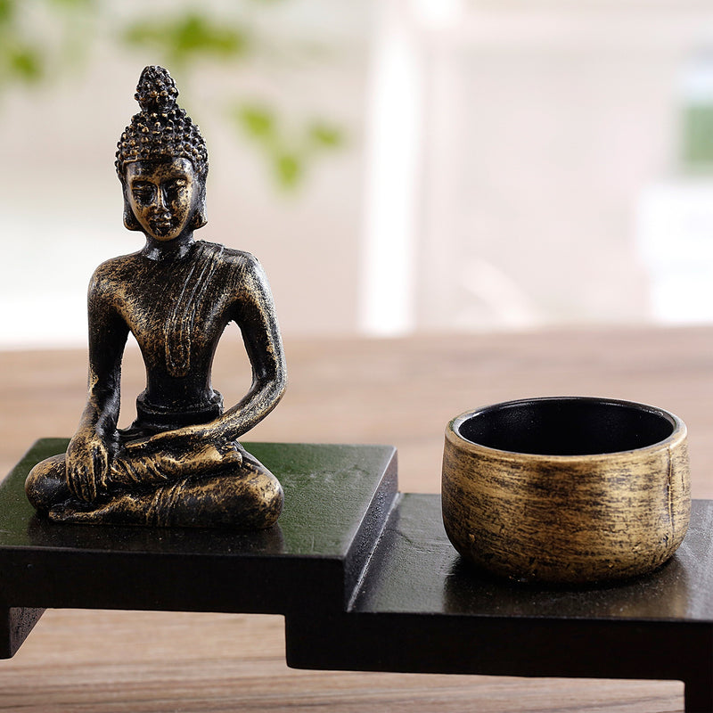 NewNest Australia - MyGift Mini Buddha Statue Zen Decoration with 2 Tealight Candle Holders and Wood Shelf Base 