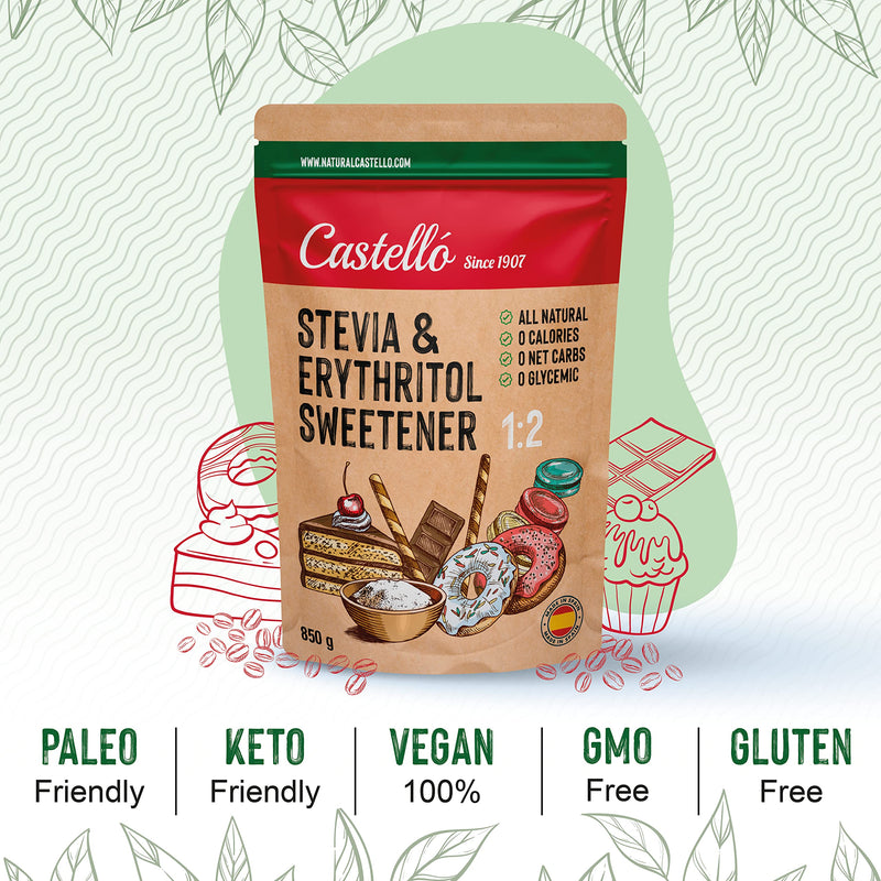 Stevia + Erythritol 1:2 Sweetener | 1G = 2G Sugar | 100% Natural Sugar Substitute - 0 Calories - 0 Glycemic Index - Keto And Paleo - 0 Net Carbs - No Gmo - Castello Since 1907 - 850 G - NewNest Australia