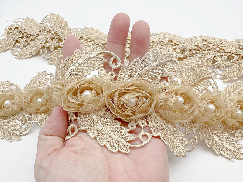 PEPPERLONELY 1 Yard Gold 3D Pearl Chiffon Flower Embroidered Lace Edge Trim Ribbon, Flower Width 7.5cm - NewNest Australia