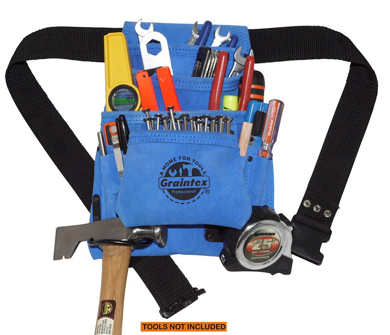 Graintex SS2138 10 Pocket Nail & Tool Pouch Blue Color Suede Leather with 2” Webbing Belt for Constructors, Electricians, Plumbers, Handymen - NewNest Australia