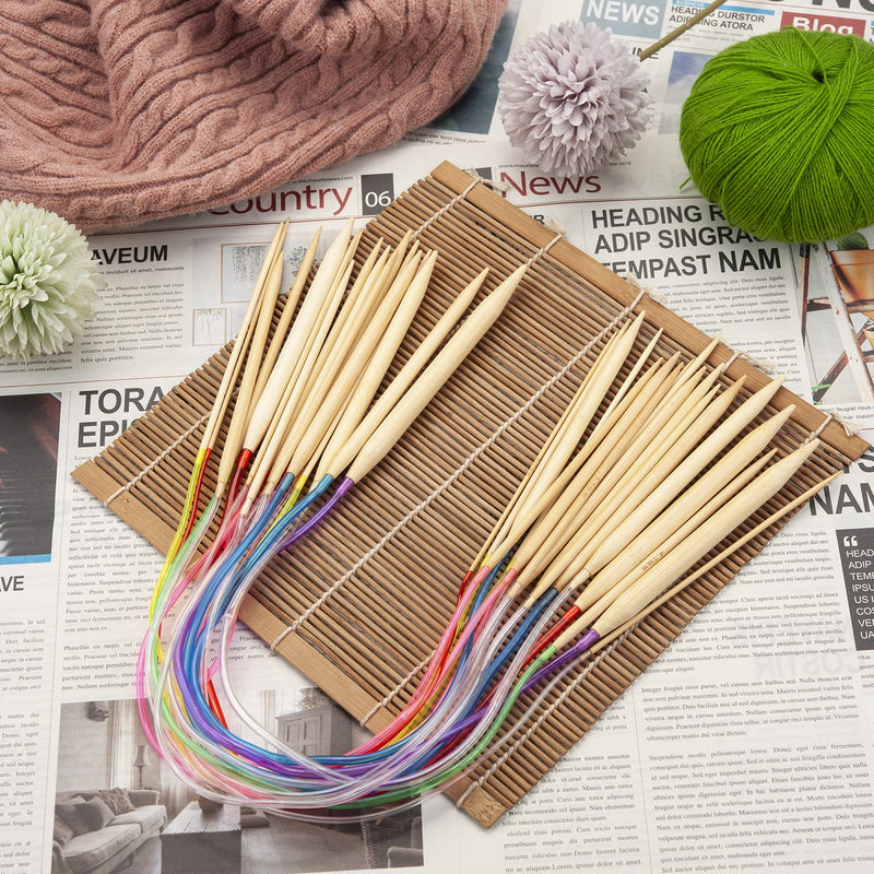 24 Inch Bamboo Circular Knitting Needles Set for Beginners Adults, 18 Pairs Wooden Round Yarn Knitting Needles with Plastic Magic Loop for Sweater, Socks-US 0-15 (2-10mm), Double Pointed Flexible - NewNest Australia