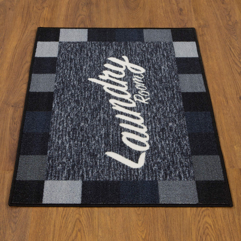 Ottomanson Laundry Collection Checkered Border Rubberback Mat, 2'3" x 3', Black 2'3" x 3' Black Checkered - NewNest Australia