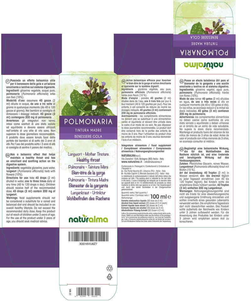 Lungwort (Pulmonaria officinalis) herb with Flowers Alcohol-Free Mother Tincture Naturalma | Liquid Extract Drops 100 ml | Food Supplement | Vegan 100 ml (Pack of 1) - NewNest Australia