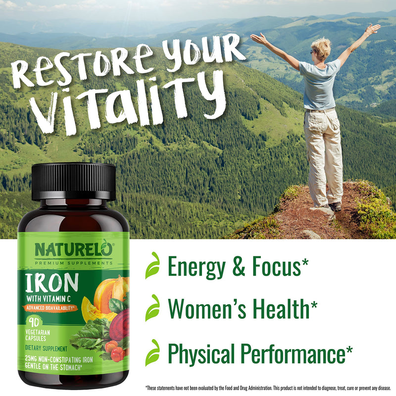 NATURELO Vegan Iron Supplement with Vitamin C and Organic Whole Foods - Gentle Iron Pills for Women & Men w/ Iron Deficiency Including Pregnancy, Anemia and Vegan Diets - 90 Mini Capsules 90 Count (Pack of 1) - NewNest Australia