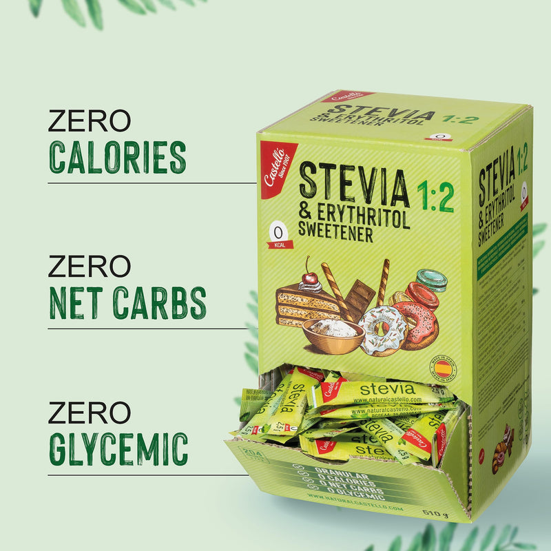 Stevia + Erythritol 1:2 Sweetener | 204 Bags Of 2.5G | 100% Natural Sugar Substitute - 0 Calories - 0 Glycemic Index - Keto And Paleo - 0 Carbohydrates - No Gmo - Castello Since 1907-510 G - NewNest Australia