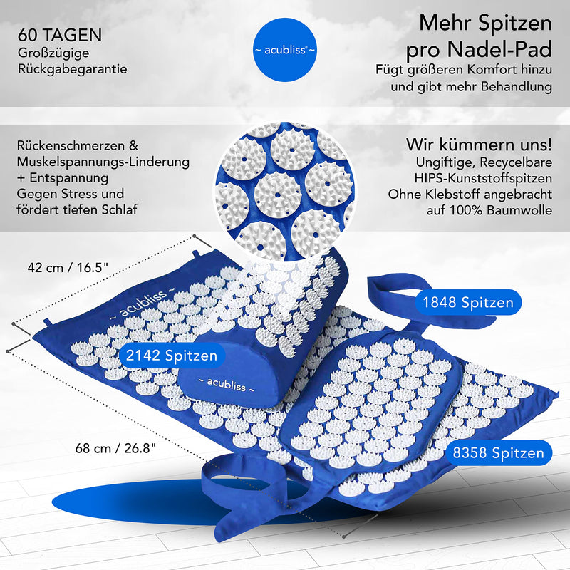 Acubliss Acupressure Mat And Pillow - Acupressure Set With Strap - Against Neck And Back Pain - Acupressure Mat With Pillow And Strap For More Energy And Relaxation - With Bag - Deep Blue - NewNest Australia
