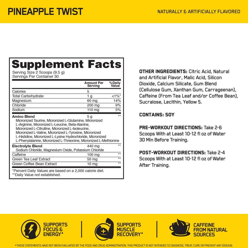 Optimum Nutrition Amino Energy + Electrolytes Powder - Pre Workout, BCAAs, Amino Acids, Keto Friendly, Energy Powder - Pineapple Twist, 30 Servings Pineapple Twist + Electrolytes - NewNest Australia
