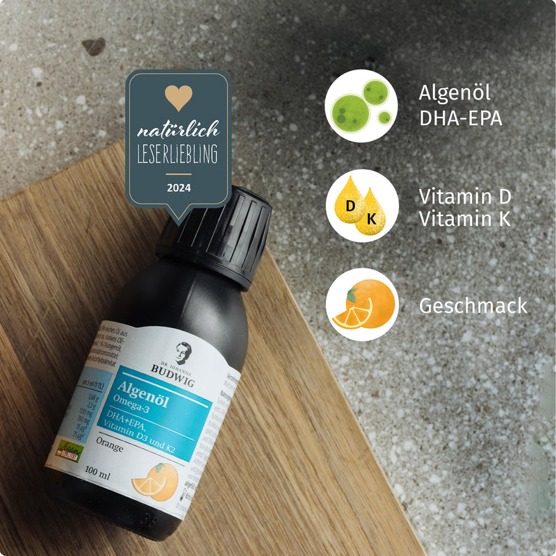 Dr. Budwig Omega 3 Algae Oil Orange (100 ml) high dosage, rich in DHA, EPA, vitamin D3 and K2, with a fruity orange flavor, vegan and vegetarian - NewNest Australia