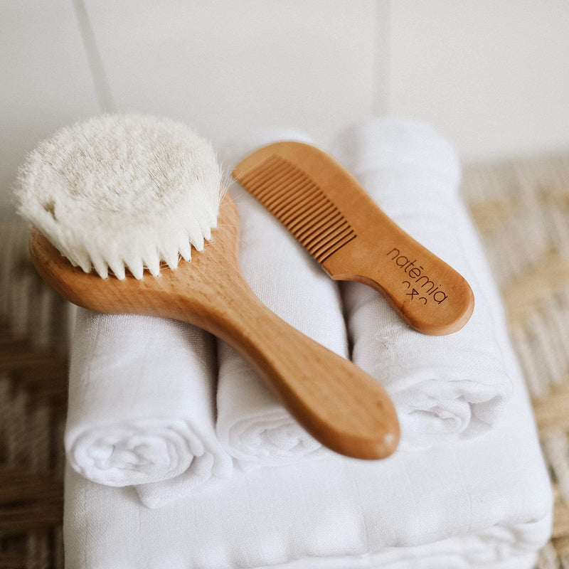Natemia Wooden Baby Hair Brush and Comb Set for Newborns and Toddlers - Ideal for Cradle Cap Set of 2 - NewNest Australia