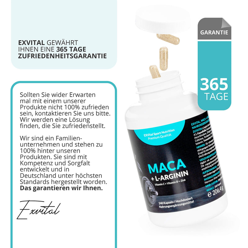 Exvital Maca Capsules 4000 Mg + L-Arginine 1800 Mg + Vitamins + Zinc, High Dosage, 2 Month Pack Of 240 Capsules In German Premium Quality, Money Back Guarantee, 1 Pack (1 X 206.4 G) - NewNest Australia