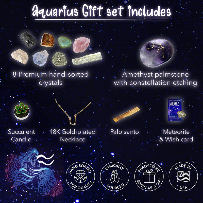 DANCING BEAR Aquarius Zodiac Healing Crystals Gift Set, (14 Pc): 9 Stones, 18K Gold-plated Constellation Necklace, Meteorite, Succulent Candle, Palo Santo Smudge stick, and Info Guide, Made in the USA - NewNest Australia