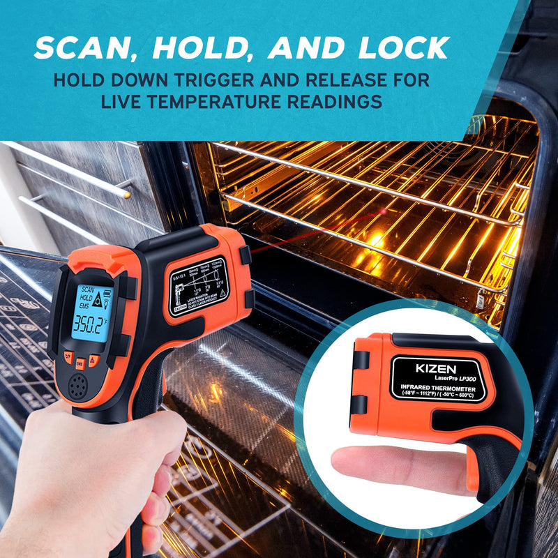 KIZEN Infrared Thermometer Gun (LaserPro LP300) - Handheld Heat Temperature Gun for Cooking, Pizza Oven, Grill & Engine - Laser Surface Temp Reader -58F to 1112F - NOT for Humans Orange - NewNest Australia