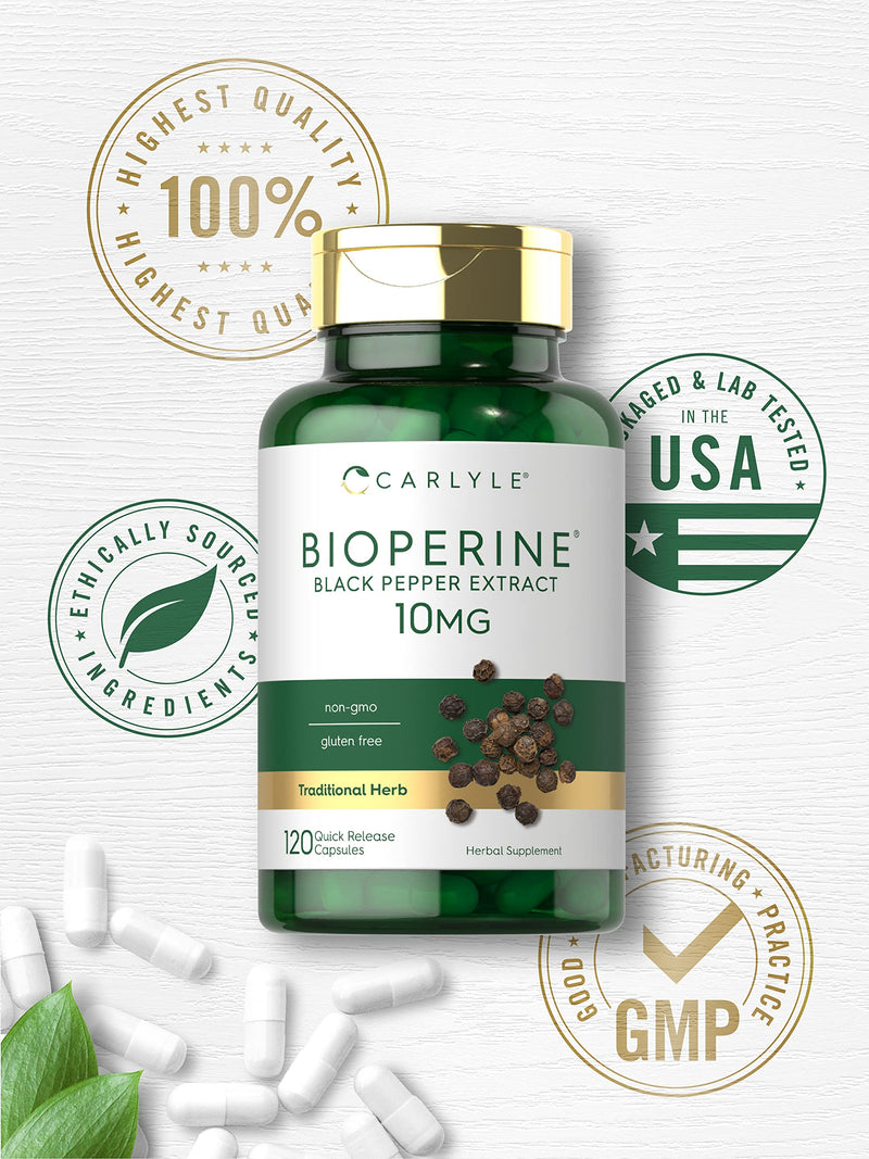 Bioperine 10mg | 120 Capsules | Non-GMO & Gluten Free | Sourced from Black Pepper Extract | Supports Curcumin Powder Absorption | by Carlyle - NewNest Australia