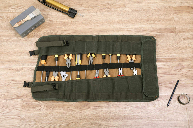Heavy Duty Waxed Canvas Multi-purpose Tool Roll Pouch With 25 Pockets, Easy Storage, Durable (Khaki) Khaki - NewNest Australia