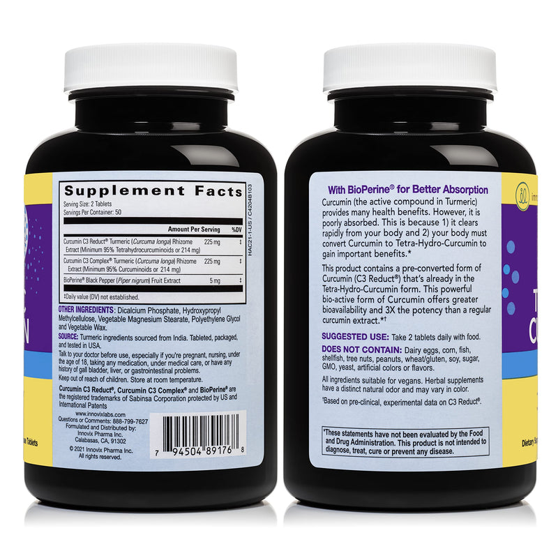 InnovixLabs Curcumin Turmeric w/ C3 Reduct, C3 Complex & BioPerine Black Pepper for Higher Absorption, 100 Time-Release Tablets, 95% Tetra-Hydro-Curcumin, Turmeric Curcumin Supplement - NewNest Australia