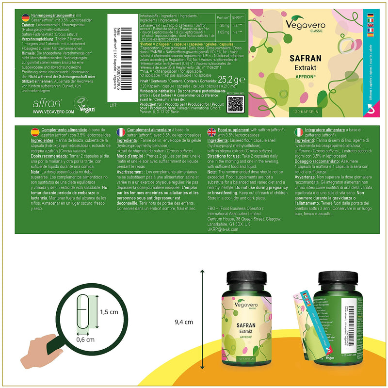 Saffron Capsules | 30 Mg Affron Saffron Extract (3:1) From Spain | 3.5% Saffranal & Crocin | Vegan & No Additives | German Production By Vegavero | 120 Capsules - NewNest Australia
