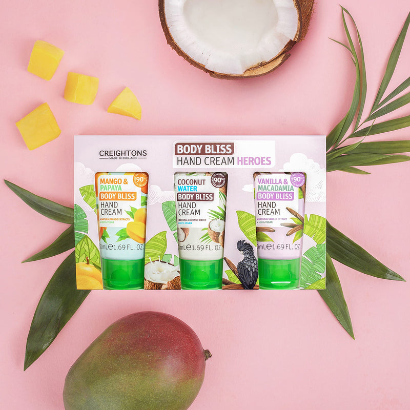 Body Bliss Cream Heroes (3 x 50ml Hand Cream) - Nourishes Hands & Cuticles. Formulated with 90% Naturally Derived Ingredients. Coconut Water, Mango & Papaya & Vanilla & Macadamia. - NewNest Australia