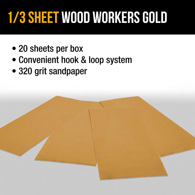 Dura-Gold Premium Sandpaper - 320 Grit - 1/3 Sheet Size Wood Workers Gold, 3-2/3" x 9" with Hook & Loop Backing - Box of 20 Sheets - Hand Sand, Block Sanding, Use Jitterbug Sander - Woodworking, Auto 320-Grit - NewNest Australia